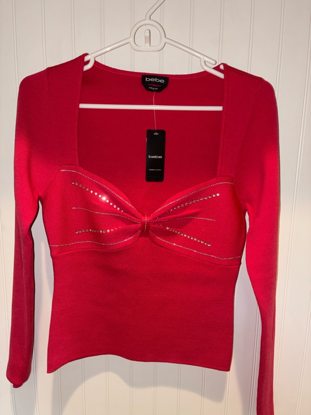 bebe Bright Pink Long Sleeve Knot-Front Top with Stud Accents